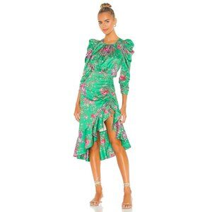 For Love and Lemons S Ross Midi Floral Green Puff Sleeve Open Back Ruched Dress